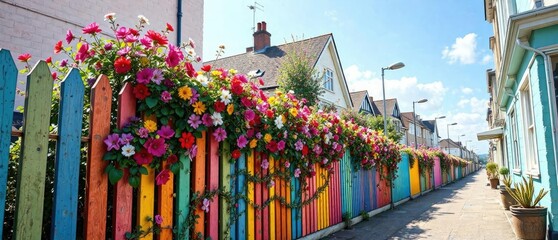 Vibrant blooms adorn a rainbow-colored fence in a Brighton alleyway , decorations, colors, blooms