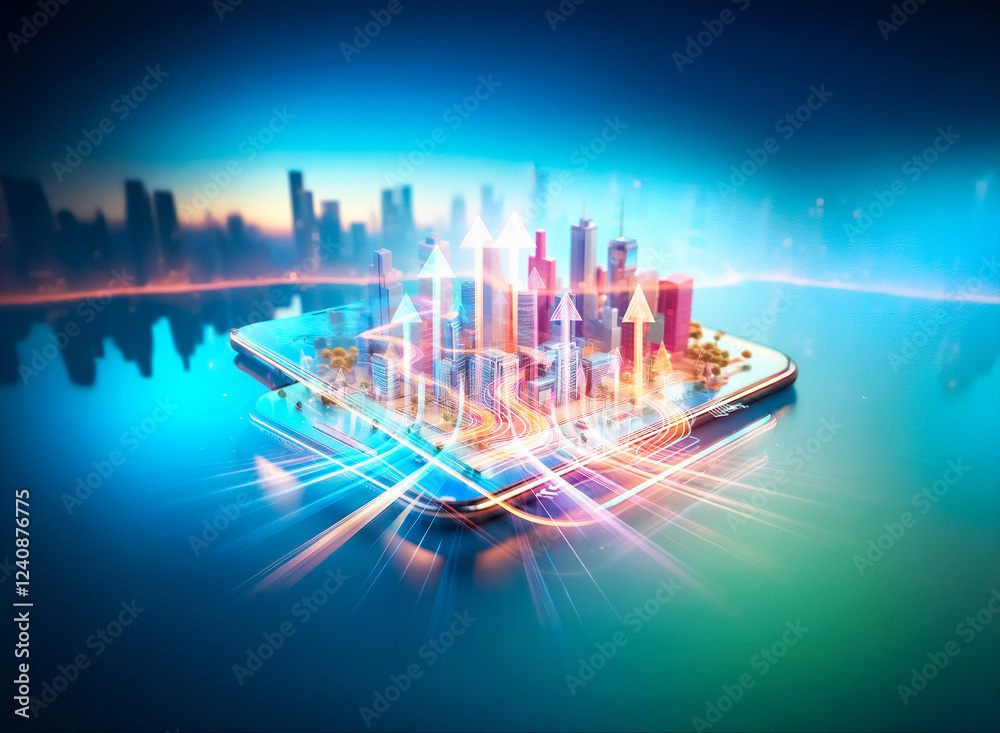 Aufkleber a futuristic city skyline is reflected on a smartphone screen displaying a glowing, interactive map 