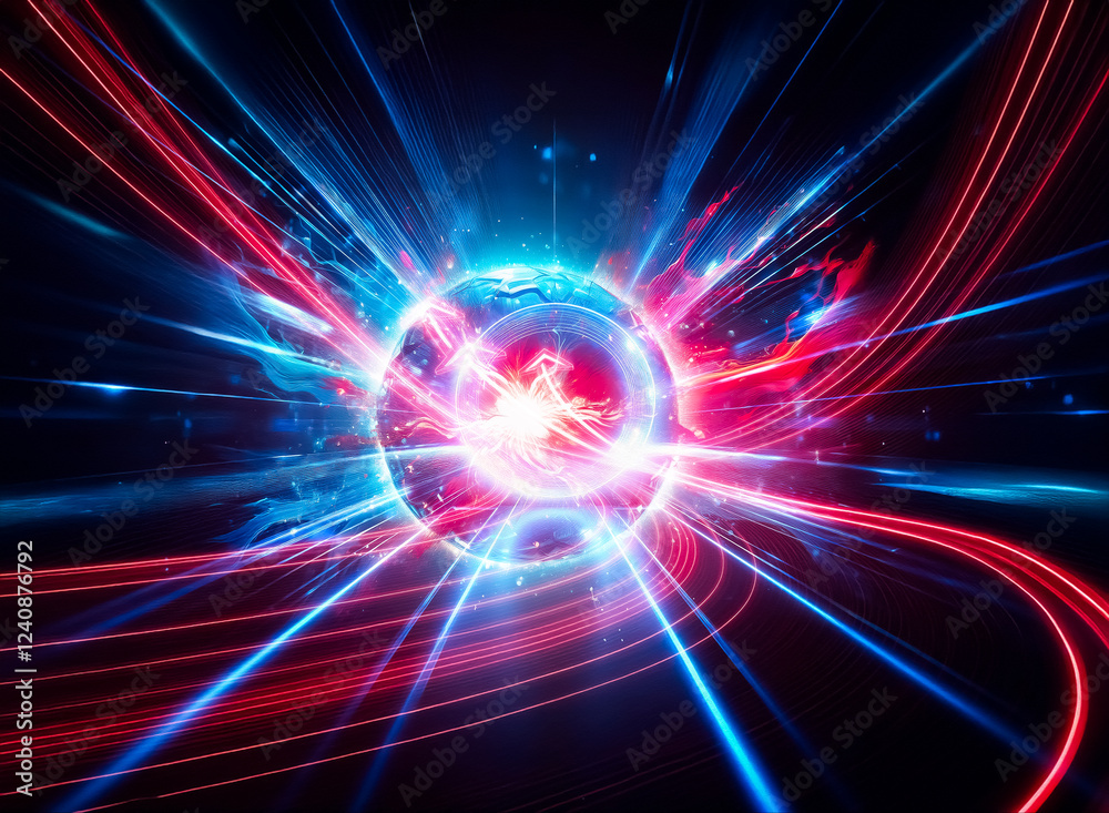 Poster a vibrant sphere explodes with energy, radiating red and blue flames against a dark backdrop. the in