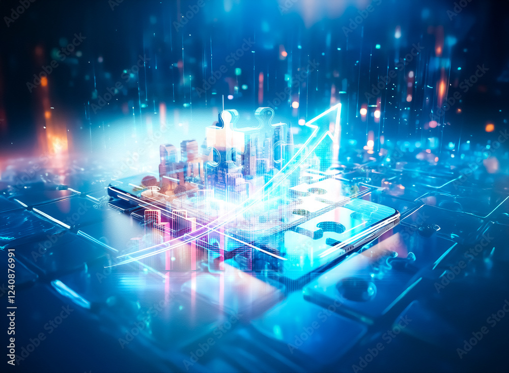 Poster A glowing, digital puzzle piece sits atop a reflective surface of other pieces, representing connection and problem-solving within a futuristic, data-driven world.