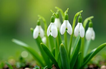 Fototapeta premium Close-up of snowdrops with a soft blurred background, highlighting delicate details. Ideal for nature-focused projects, eco-branding, or seasonal promotions. Shot in natural light with bokeh effect