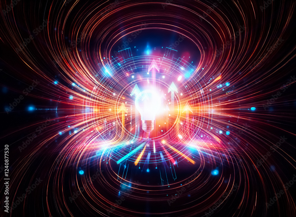 Poster a glowing lightbulb at the center of a futuristic, circular technological interface. the design symb