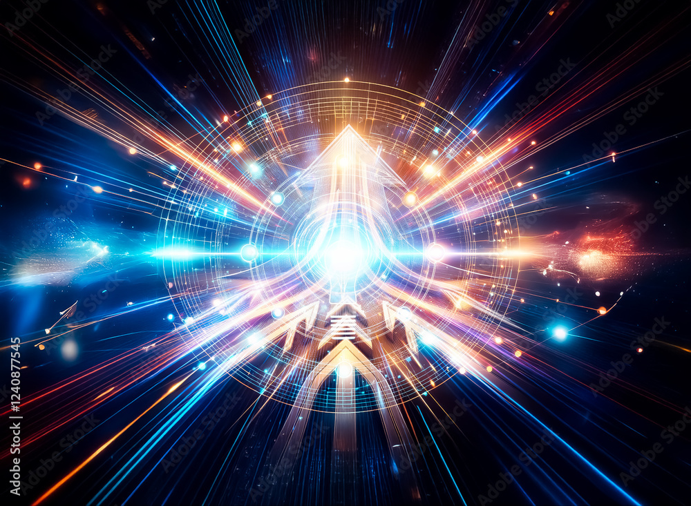 Poster a glowing lightbulb at the center of a futuristic, circular technological interface. bright, interco