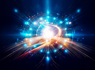 Fototapeta premium Glowing lightbulb at the center of a futuristic, circular technological interface. The image symbolizes innovation, technology, and bright ideas.