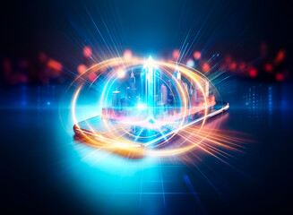 A vibrant, miniature metropolis glows on a smartphone screen, symbolizing a connected, modern world.  The city is illuminated with a futuristic, neon-like light.