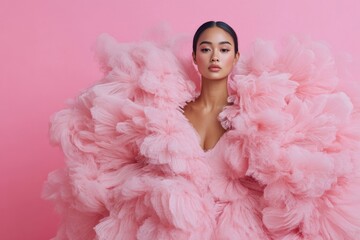 Elegant woman posing in voluminous pink gown