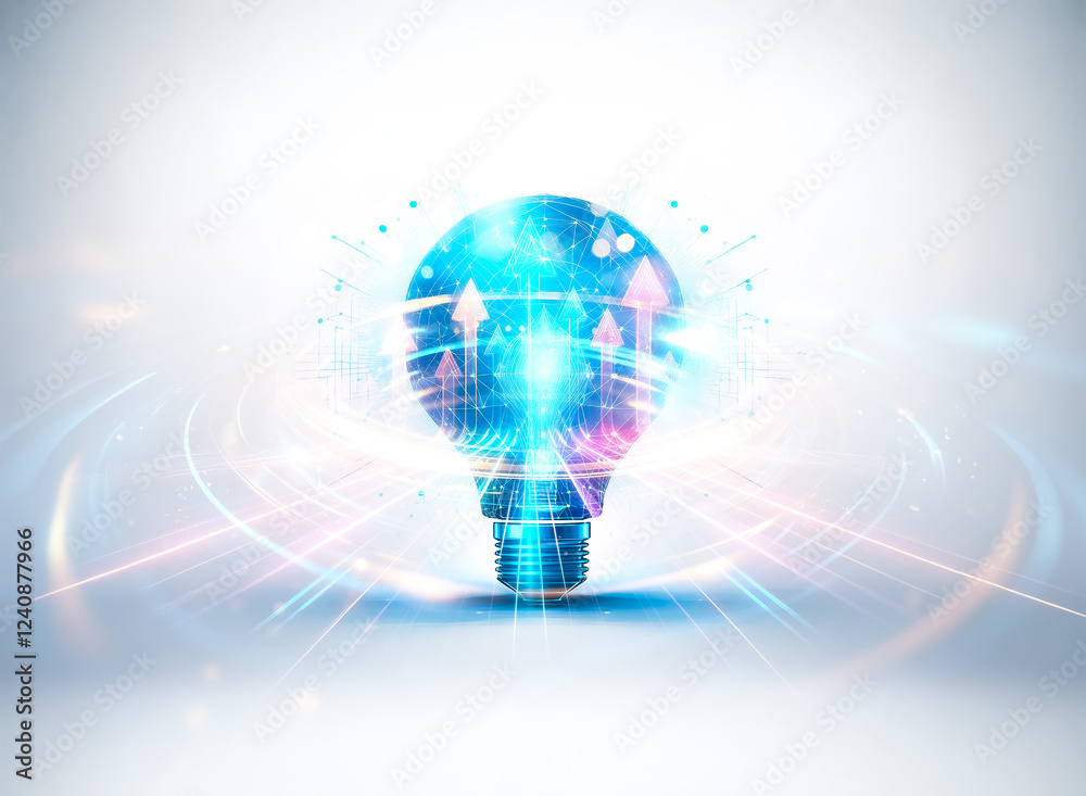 Poster a glowing blue lightbulb, constructed from interconnected nodes and lines, symbolizes innovation and