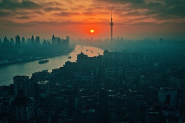 Aerial view of a city skyline during sunset with glowing lights
