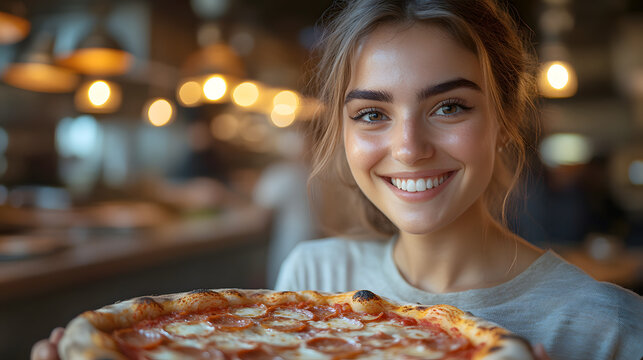 Italian young waitress serving pizza in pizzeria