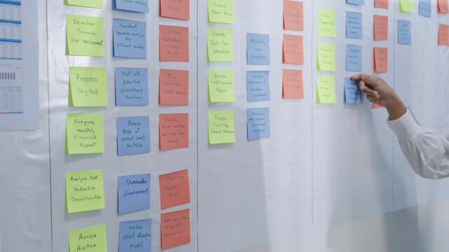 brainstorming session, using sticky notes on a task board (kanban) to organize ideas and workflow in a modern office