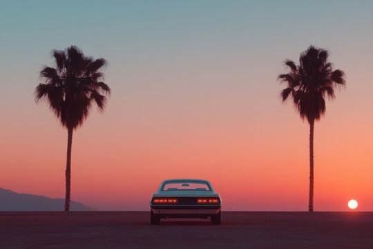 Classic car parked between palm trees at sunset on tropical beach - Powered by Adobe