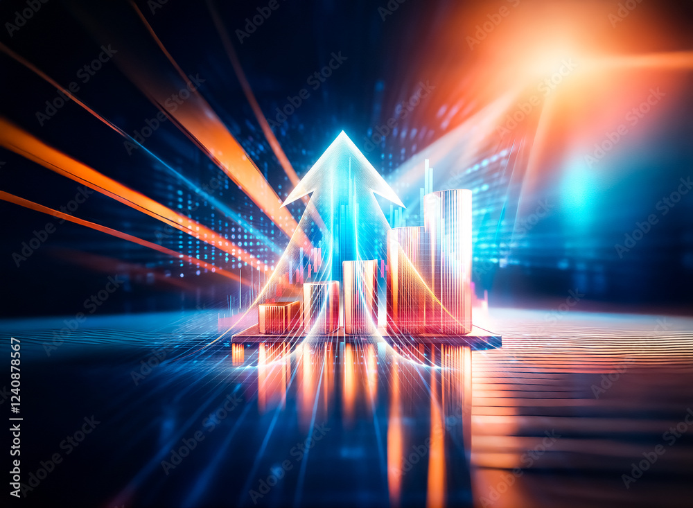 Poster golden bars ascending on a dark reflective surface, illuminated by dynamic light streaks, symbolize 