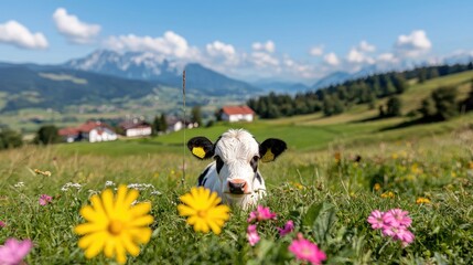 Calf in Alpine meadow, mountains background, summer