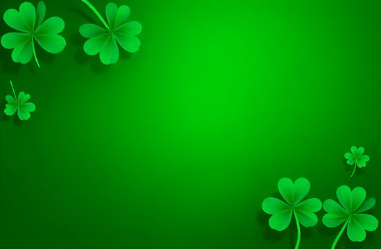 St. Patrick's Day abstract green background decorated with shamrock leaves.