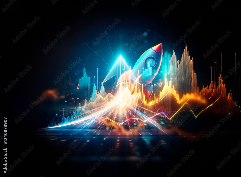 Aufkleber a vibrant rocket ascends, leaving a fiery trail above a dynamic graph, symbolizing rapid growth and 