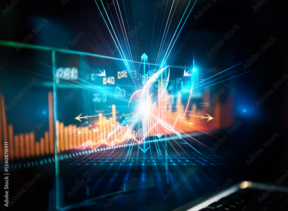 Poster a glowing rocket ship ascends a rising graph, symbolizing rapid growth and success in a dark, futuri