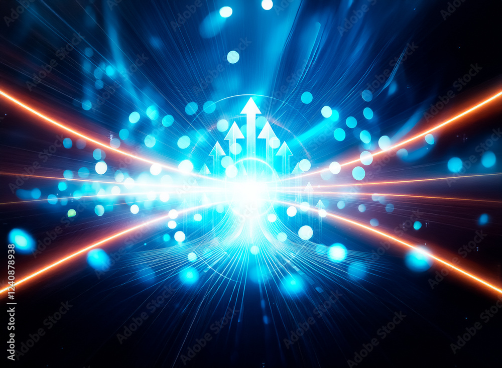 Poster abstract image of glowing blue bokeh lights, creating dynamic, swirling patterns against a dark back
