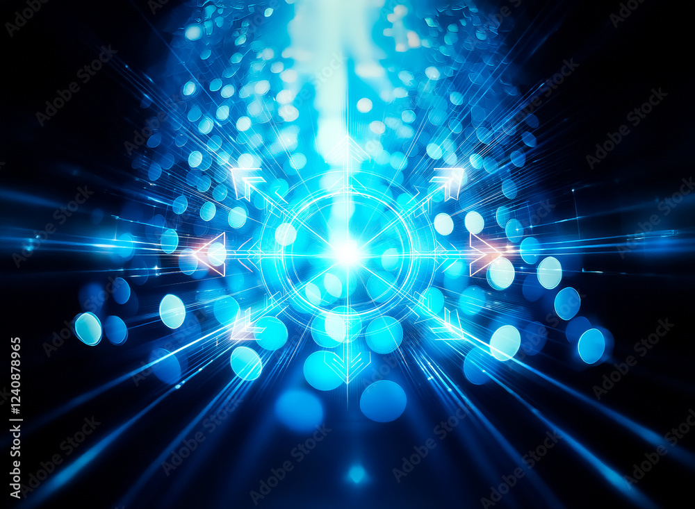 Poster abstract image of blue bokeh lights, resembling a cascading waterfall of light against a dark backgr