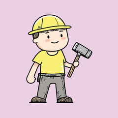 Friendly construction worker wearing a yellow hard hat and holding a hammer vector illustration 