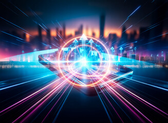 Obraz premium A futuristic cityscape magically appears on a smartphone screen, glowing with vibrant neon lights against a blurred city skyline at sunset. The scene evokes a sense of technological advancement and u