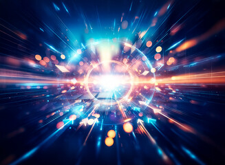 Obraz premium A mesmerizing perspective of a shimmering, reflective surface. Multicolored bokeh lights create a vibrant, energetic path leading to a distant, bright horizon. The scene is dark, mysterious, yet ful