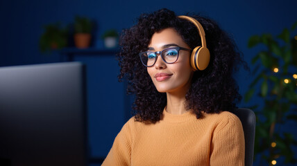 AI in Business and Industry Concept, Creative woman with curly hair wearing headphones, focused on work