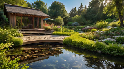 Realistic  Garden with Traditional Architecture and Serene Landscape