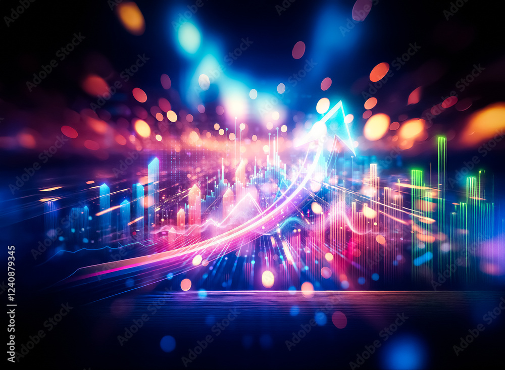Poster Abstract image of vibrant, colorful lights streaking across a dark background, creating a sense of speed and energy.  The bokeh effect adds depth and dynamism.