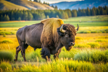 Bison Roaming Across a Grassy Plain © MST FARIDA