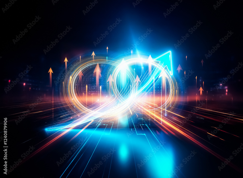 Poster Glowing blue arrow ascends, symbolizing growth and progress, with light trails depicting data streams.  Its reflection mirrors the upward trajectory.