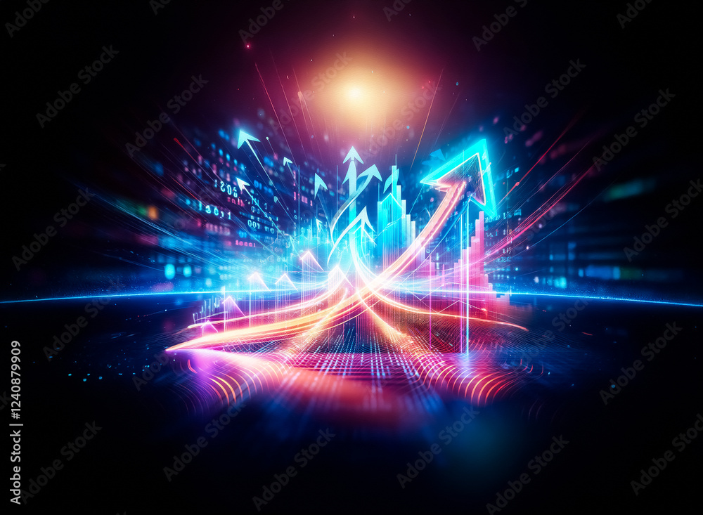 Poster Neon arrow ascends a glowing bar graph, symbolizing growth and progress against a dark background.  The vibrant colors create a dynamic visual representation of upward trajectory and success.