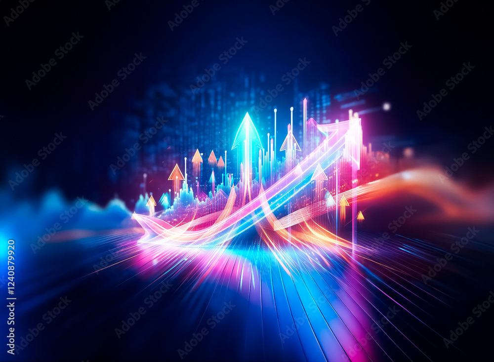 Poster A vibrant neon arrow ascends, illustrating growth and progress against a dark background, its reflection adding depth and emphasis to the upward trajectory.