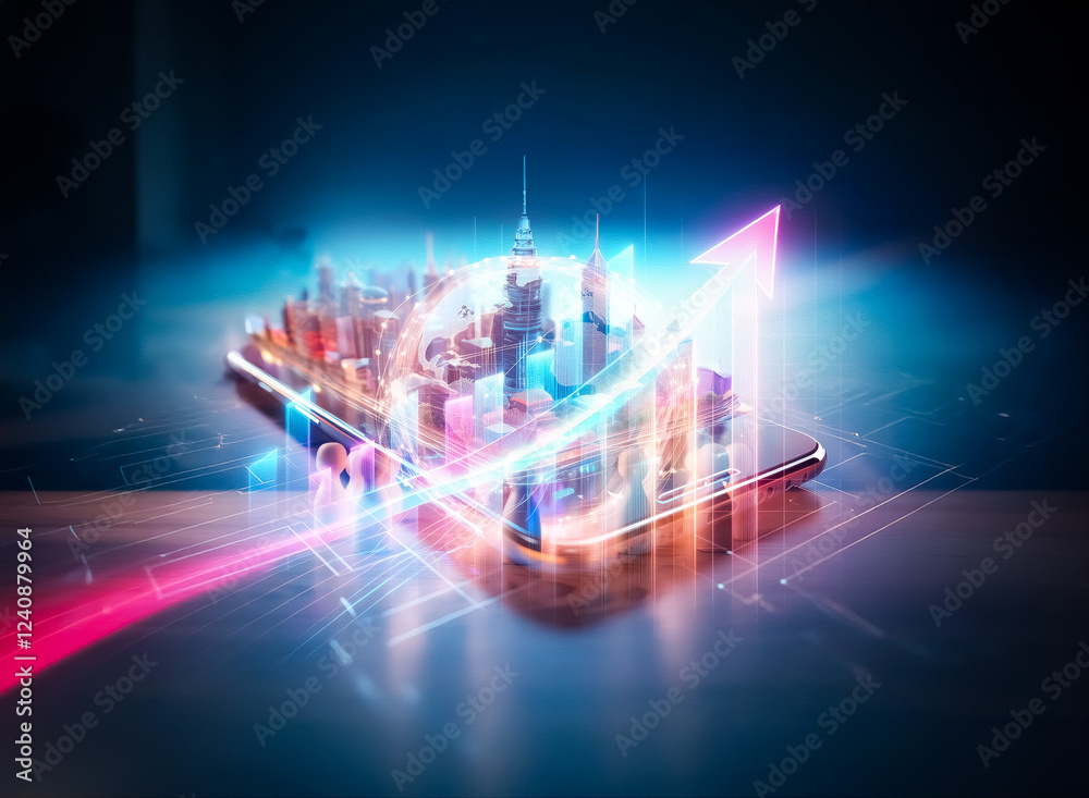 Poster glowing digital world encircled by wooden figures on a table, symbolizing global connection and comm