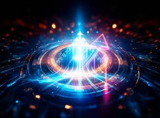 Obraz premium A vibrant neon arrow ascends a glowing graph, symbolizing growth and upward trajectory against a dark background. The scene is sleek and futuristic, highlighting progress and success.