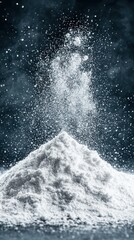 Fine White Powder Pile with Dust Cloud on Dark Background
