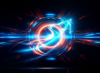 Fototapeta premium Glowing blue arrow ascends on a dark background, suggesting growth, progress, and upward trajectory. A light trail indicates speed and momentum.