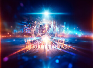 Obraz premium Glowing Earth encircled by interconnected nodes, surrounded by small figures, symbolizes global connection and community. A bright light emanates from the planet's surface.