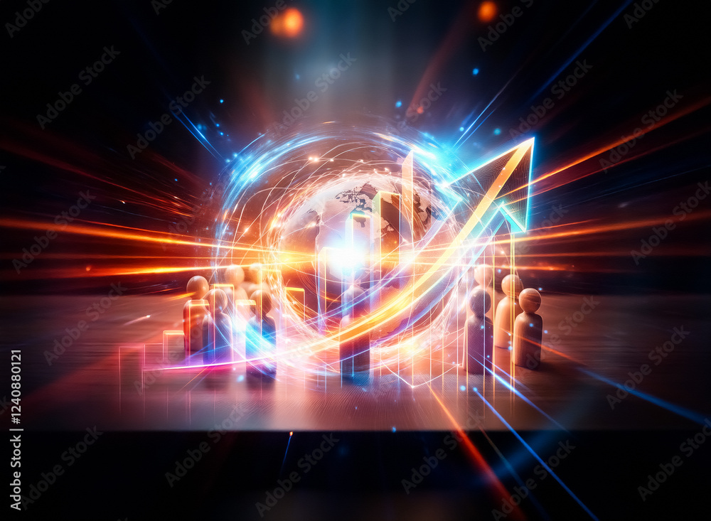 Poster glowing earth encircled by a network of connections, surrounded by small wooden figures on a dark wo