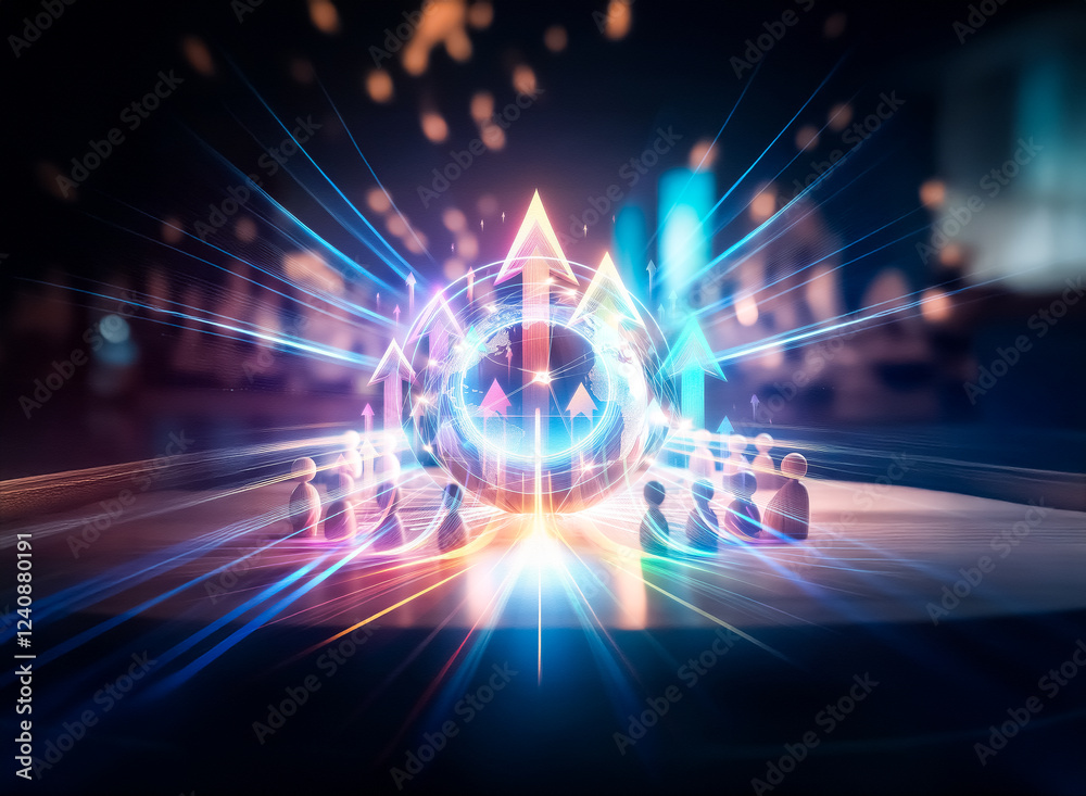 Poster Glowing globe encircled by wooden figures on a dark background, representing global connection and community.  Light beams emanate, symbolizing interconnectedness.