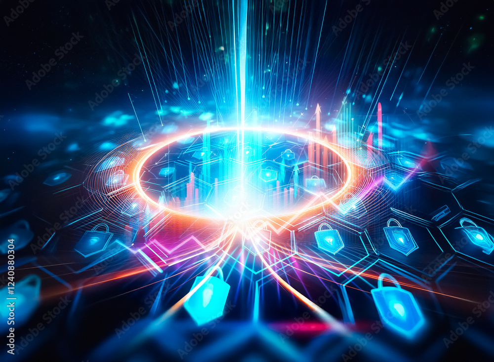 Aufkleber Abstract digital security concept.  Glowing blue padlock icons arranged in a hexagonal grid, representing data protection and network security.  Cybersecurity, data encryption, and digital safety are 