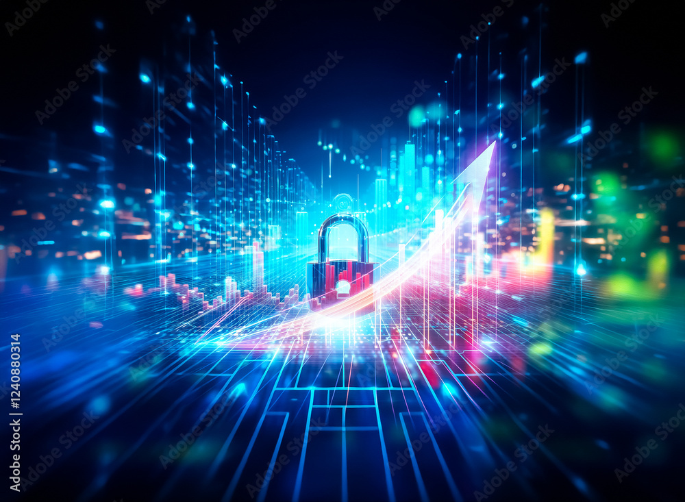 Leinwandbilder a glowing padlock sits at the center of a digital highway, representing cybersecurity and data prote