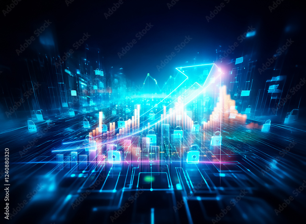 Leinwandbilder glowing blue digital landscape with numerous padlock icons, representing cybersecurity and data prot