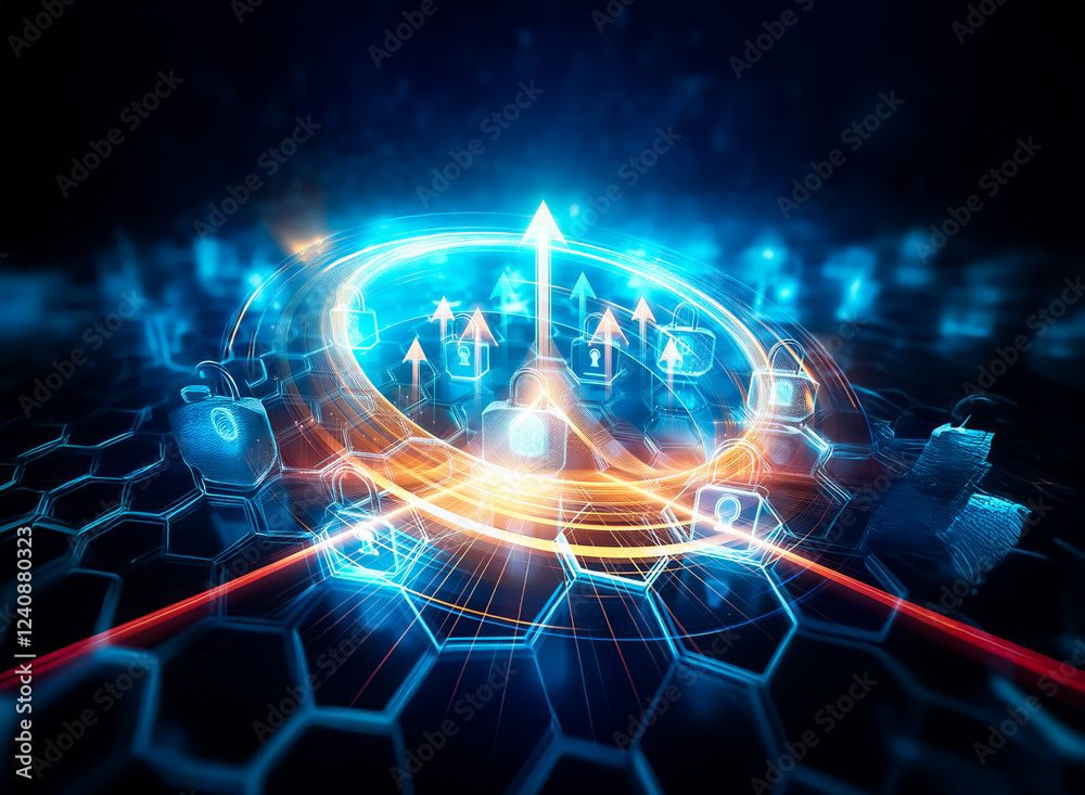 Fototapete glowing blue padlock icons arranged on a dark hexagonal grid, representing digital security and data
