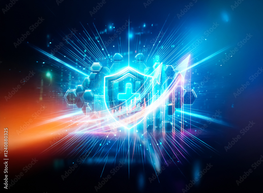 Poster A glowing blue shield with a plus symbol at its center, surrounded by hexagonal structures and radiating light bursts against a dark background.  The image evokes protection, health, and technology.