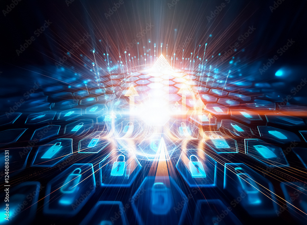 Leinwandbilder abstract digital illustration of a futuristic network security system. hexagonal grid displays glowi