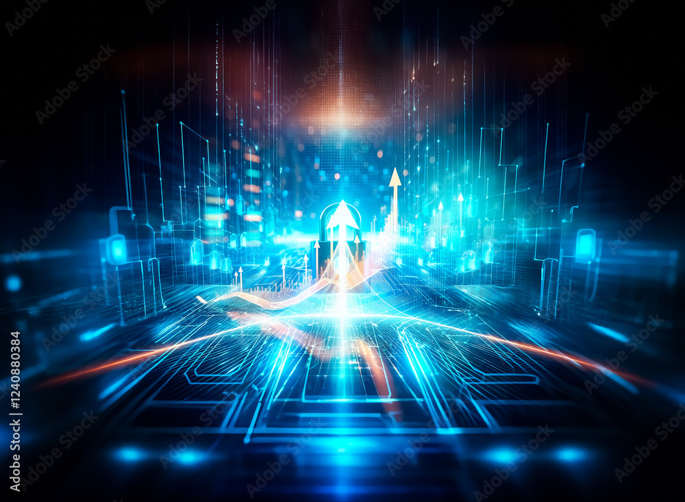 Fototapete a glowing blue digital padlock sits at the center of a circuit board, surrounded by data streams and