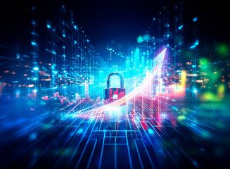 A glowing padlock sits at the center of a digital highway, representing cybersecurity and data protection within a network.  The scene is dark, with bright blue lines suggesting a complex system.