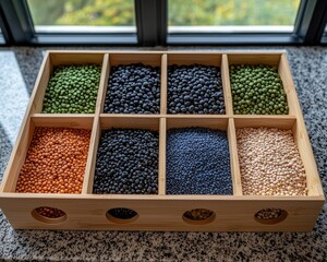 Assorted Dried Legumes in Wooden Tray on Kitchen Counter