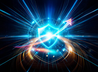 Obraz premium A glowing blue shield with a cross, encircled by a futuristic, technological design, radiates light against a dark background, symbolizing digital health protection.