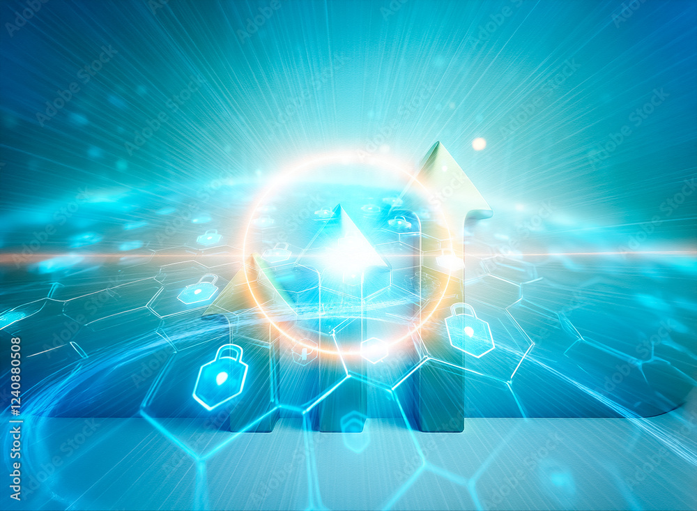 Aufkleber Glowing blue hexagonal grid encircles a dark sphere, each hexagon containing a glowing padlock icon, symbolizing global cybersecurity and data protection.  Digital streams emanate from the sphere's su